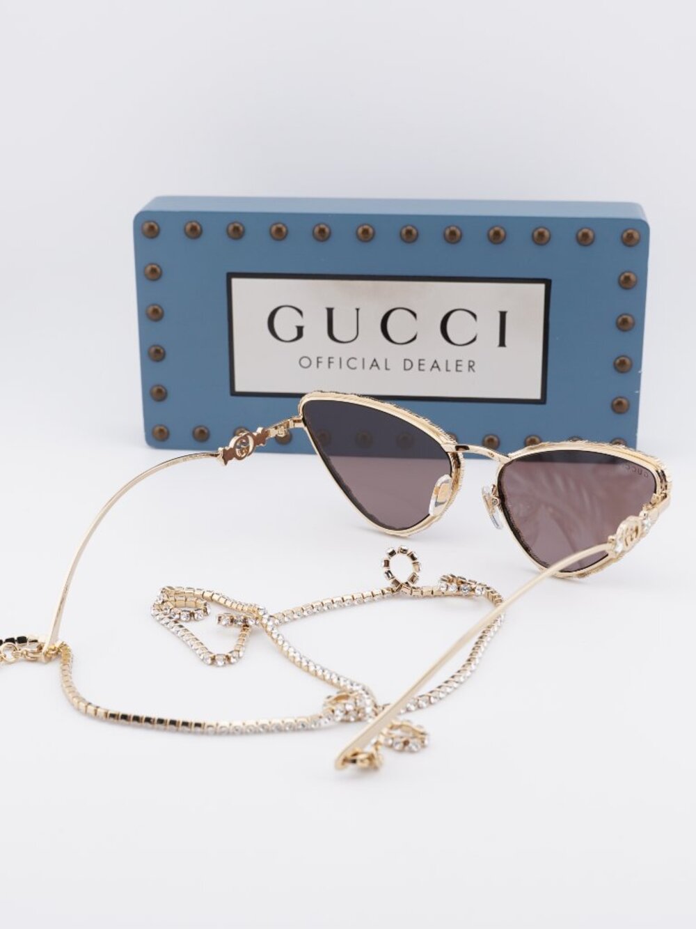 Gucci GG1569S 001 Cat Eye Sunglasses - Gold with White Stone / Brown - Picture 8 of 12